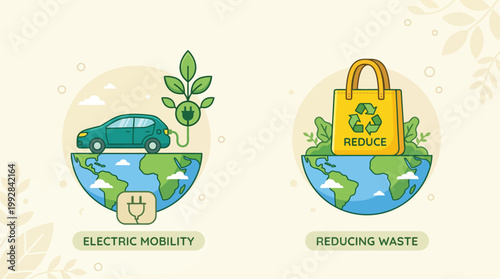 Vector graphic illustration of Eco Friendly Sustainable Lifestyle Vector Icons, Green Earth Globe with Recycle Symbol, Ecofriendly Shopping Bag, Modern Flat Style Illustration Vector
