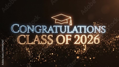 Celebratory graduation fireworks display with sparkling confetti and illuminated congratulatory message for the class of 2026 on