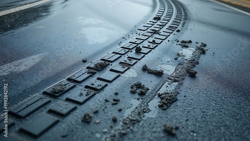 deceleration. Tire marks from a sharp turn on a wet road with splashes of mud. mobility guides, transit brochures, designed for transport & logistics marketing, improves user orientation.