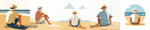 vector of a grandpa relaxing on the beach enjoying the summer back view