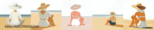 vector of a grandma relaxing on the beach enjoying the summer back view