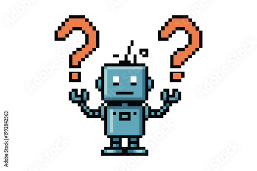 Pixel art robot with orange question marks above shoulders confusion doubt uncertainty robotic character digital retro game design.