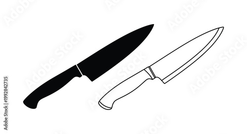 A simple black and white illustration depicts two kitchen knives in differing styles and shading high quality professional