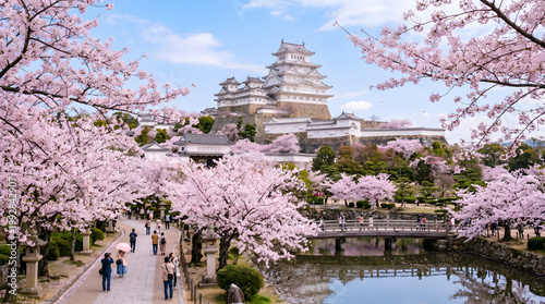Cherry blossom avenue leading toward Himeji Castle, visitors strolling beside reflective moat beneath clouds of soft pink sakura, beautifully framing the gleaming white fortress and bridges in a class