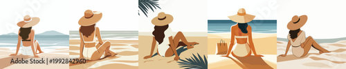 vector of a woman relaxing on the beach enjoying the summer back view