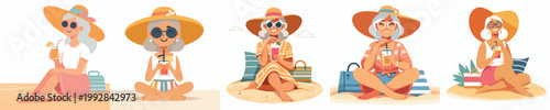 vector of a grandma relaxing on the beach enjoying the summer