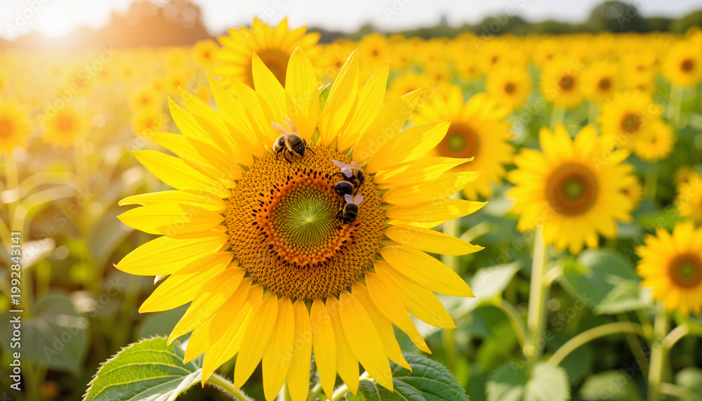 Obraz premium Bees pollinating vibrant sunflower in blooming field, nature's harmony