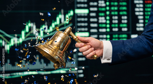 Businessman hand ringing a golden bell with confetti and blurry stock market charts background, market opening concept.