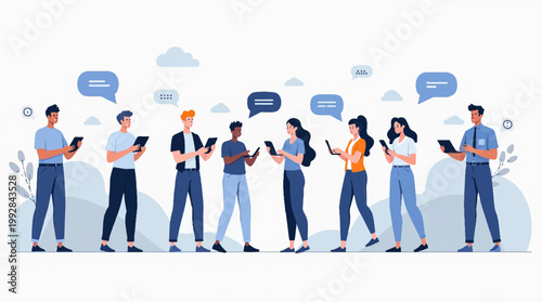 Standing Business Team Communication Illustration with Group Discussion and Social Interaction.