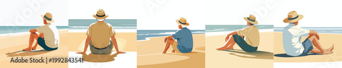 vector of a grandpa relaxing on the beach enjoying the summer back view