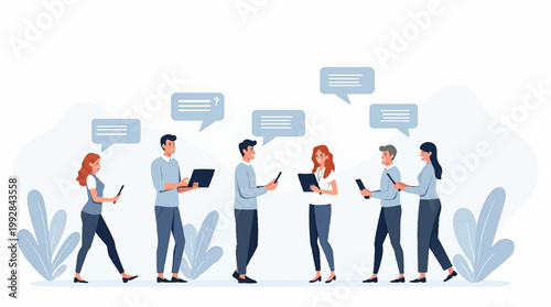 Group of People Sitting with Laptop Communication Illustration for Teamwork and Discussion.