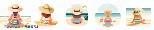 vector of a little girl relaxing on the beach enjoying the summer back view