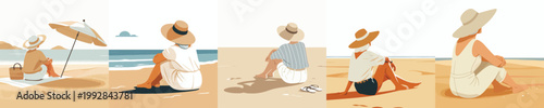 vector of a grandma relaxing on the beach enjoying the summer back view