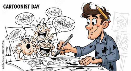 A funny cartoon drawing of a woman DJ in action at her office computer, wearing headphones like a professional business character in a colorful comic vector illustration