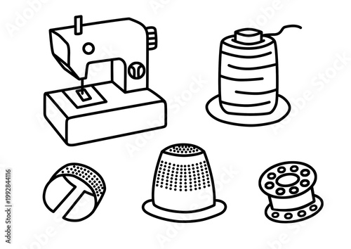 Sewing Machine, Thread Spool and Thimble Line Art