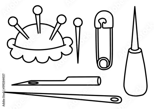 Konstfotografi Sewing Needles, Pincushion and Safety Pin Line Art