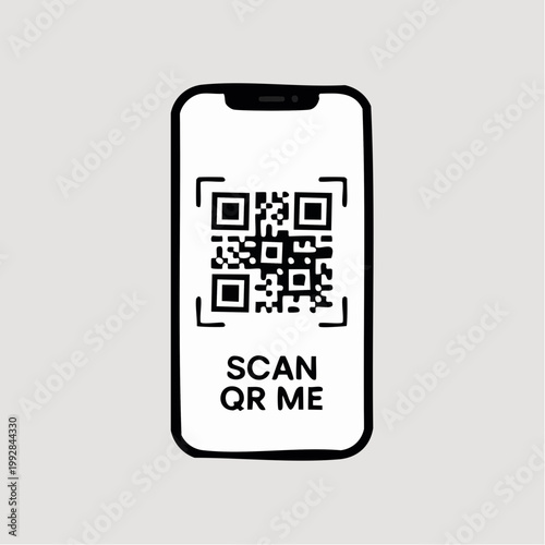 Black and white illustration of smartphone with QR code and scan me te