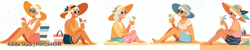 vector of a grandma relaxing on the beach enjoying the summer side view