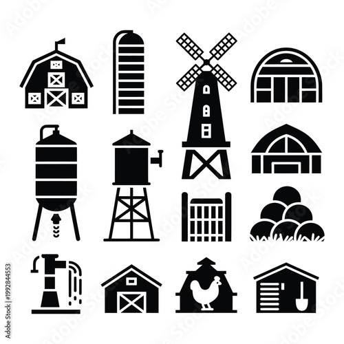 Farming and agriculture building icon set including barns silos windmills and sheds for rural life and countryside development.