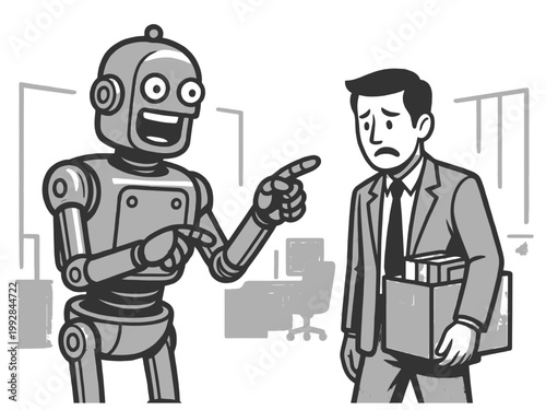 Cartoon robot points at worried businessman holding box, job loss, automation impact, workplace disruption from artificial intelligence technology sketch engraving generative ai vector illustration