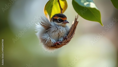 clumsily. A fledgling bird with ruffled feathers falling from its nest. wildlife magazines, conservation campaigns, designed for eco-tourism storytelling, used by food bloggers.