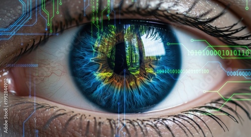 Cybernetic Gaze: A close-up view of an eye with intricate digital patterns overlayed, symbolizing the fusion of technology and human vision, creating a futuristic and insightful image.