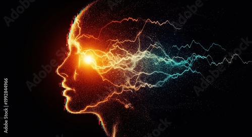 Brainwave Energy: A captivating profile silhouette reveals a mind ablaze with vibrant neural activity, sparking with electrifying energy and showcasing the power of human thought.