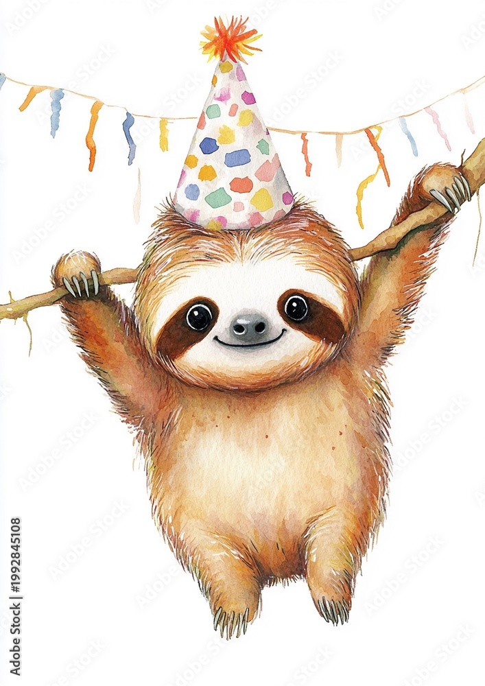 Fototapeta premium Birthday, sloth, party hat, Playful sloth wearing a party hat hanging on a branch with colorful decorations for a birthday celebration in a cheerful illustration style for children's party