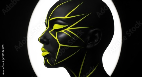 Geometric Luminescence: A striking portrait showcases a figure with a sleek, dark visage accentuated by luminous geometric lines and vivid accents. A bold composition that explores form and contrast.