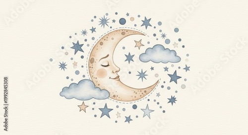 Sweet Slumber of the Celestial Realm: A whimsical depiction of a serene crescent moon nestled amidst a constellation of stars and gentle clouds. A tranquil scene, perfect for invoking dreams.