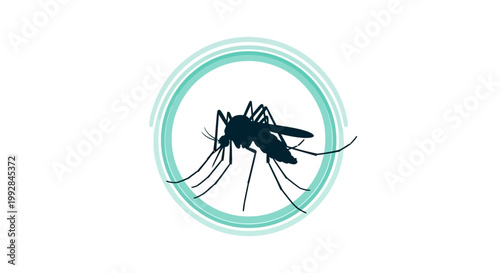 Silhouette of a mosquito with its long legs displayed inside a teal circle, set against a clean white background, creating a minimalist vector graphic that represents health and awareness
