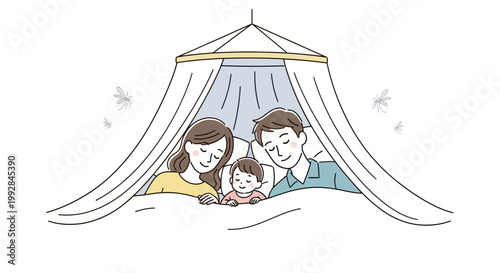 A cozy illustration depicts a mother, father, and baby lying in bed under a mosquito net, promoting malaria awareness with a clean, line-art style against a white background
