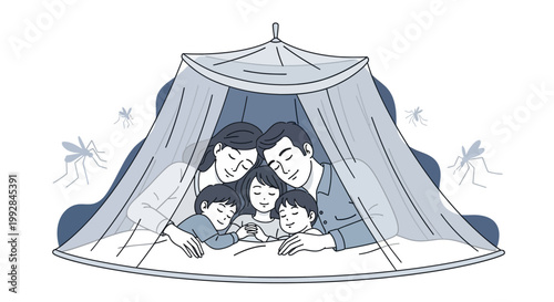 A family of four is illustrated huddled together under a mosquito net, symbolizing protection from malaria, with a soft, comforting color palette and a simple, clean background for health