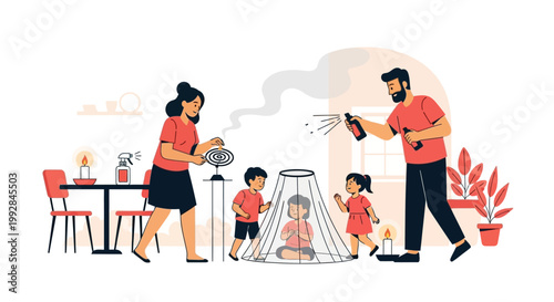 Illustrated family actively combats mosquitoes in their home, with the father spraying insecticide and the mother using a mosquito coil, while their children are protected under a mosquito
