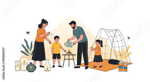 A family of four demonstrates mosquito prevention with a burning coil near their tent, in a vector illustration against a clean white background, conveying an informative mood with clear