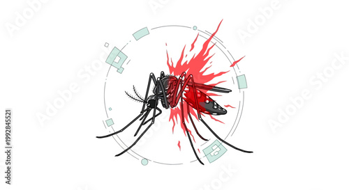 Stylized digital illustration of a dead mosquito splattered with red, symbolizing malaria awareness, set against a clean white background with tech-inspired circular designs
