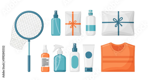 A flat lay illustration displays mosquito control and prevention items, including a net, sprays, lotions, and packaged goods, alongside an orange shirt, all set against a stark white