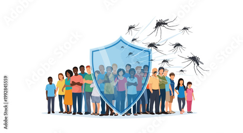 A diverse group of people stand protected behind a light blue shield against a swarm of mosquitoes, illustrated in a public health campaign poster against a clean white background