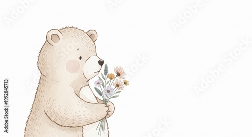 Sweet Bear's Floral Gesture: An endearing illustration of a charming bear tenderly offering a bouquet of delicate flowers, radiating warmth, love, and a touch of sweetness.