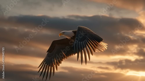 Majestic Bald Eagle Soaring Through Golden Sunset Clouds