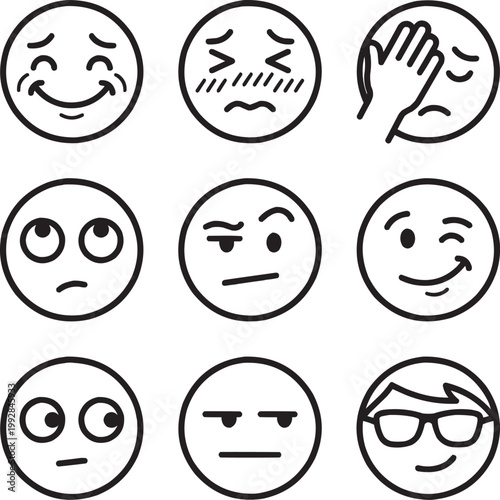 Subtle and Sarcastic Emoji Faces Outline Icons Set — Pleased, Uncomfortable, Facepalm, Rolling Eyes, Smug, Suspicious, Unamused, Grumpy, Cool Shades