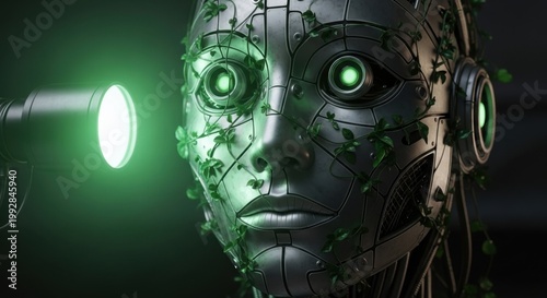 Ethereal Automaton: A futuristic android, its metallic face intertwined with organic greenery, stares intensely with glowing eyes, illuminated by a focused light.