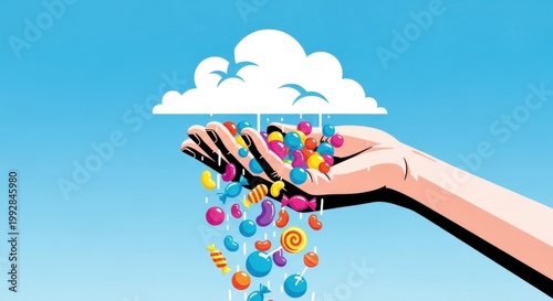 Candy Rain: An illustration of a hand reaching up, a fluffy cloud above it pouring a delightful cascade of colorful candy into the hand against a backdrop of a bright sky. 