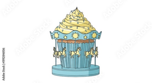Carousel Cupcake: A whimsical illustration of a cupcake transformed into a charming carousel, with miniature horses dancing on the base, creating a sense of playful fantasy.