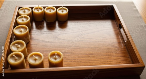 Warmth and Serenity: A collection of lit candles in a wooden tray, symbolizing tranquility and creating a cozy atmosphere.