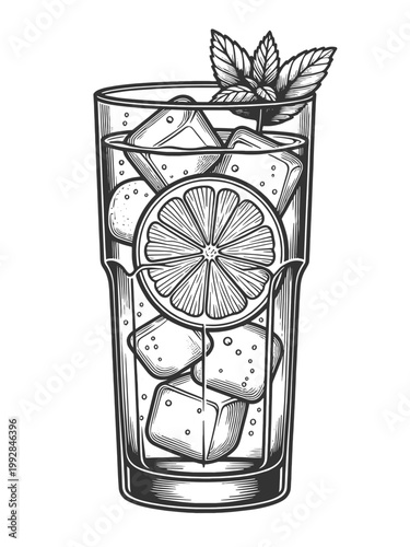 refreshing cold beverage with ice cubes, lemon slice, and mint leaves, symbolizing summer drinks and freshness sketch engraving generative ai vector illustration. Scratch board. Black and white image.