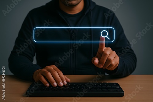 Man sitting at a desk using a computer with a glowing search bar above the keyboard.