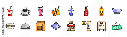 Drinks packaging and restaurant color line icon set soda milkshake juice takeaway box coffee tray storefront vector illustration