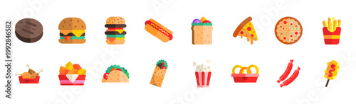 Fast food menu complete icon vector set burger pizza hotdog taco burrito fries chicken snack meal collection illustration