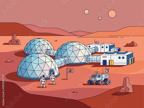 Astronauts explore Mars colony habitat with domes and rover vehicle on red planet surface